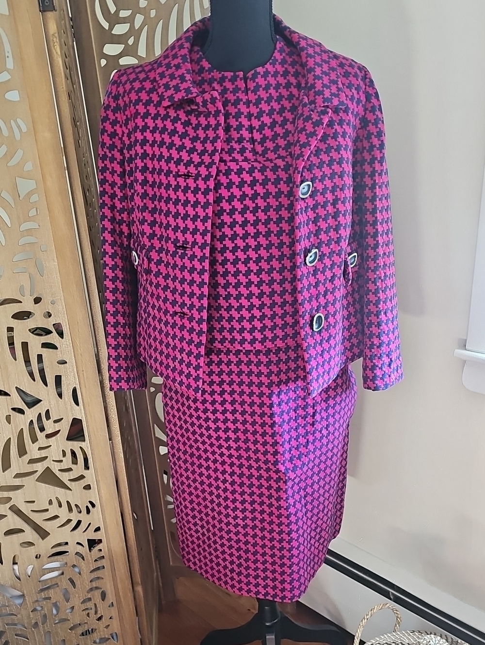 Vintage Pink and Black Houndstooth Skirt Suit Set